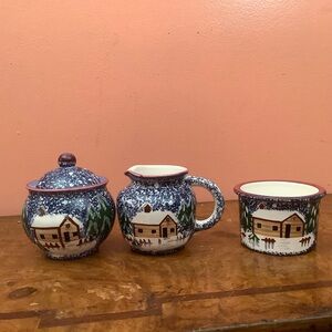 3 Ceramic Mountain Lodge Cooks Bazaar  Christmas Sugar Bowl, Creamer, Small Bowl